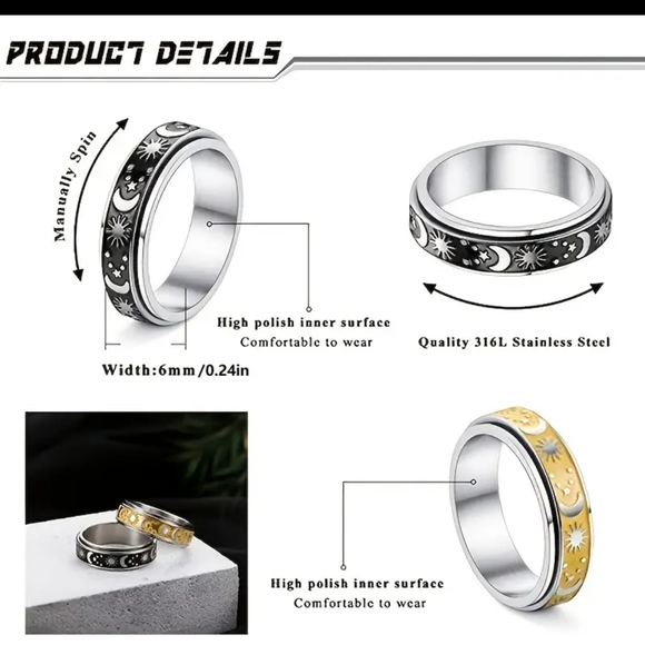 Rotating, Fidget Ring Moon, Star & Sky design2 color options, sturdy well made - Picture 4 of 7